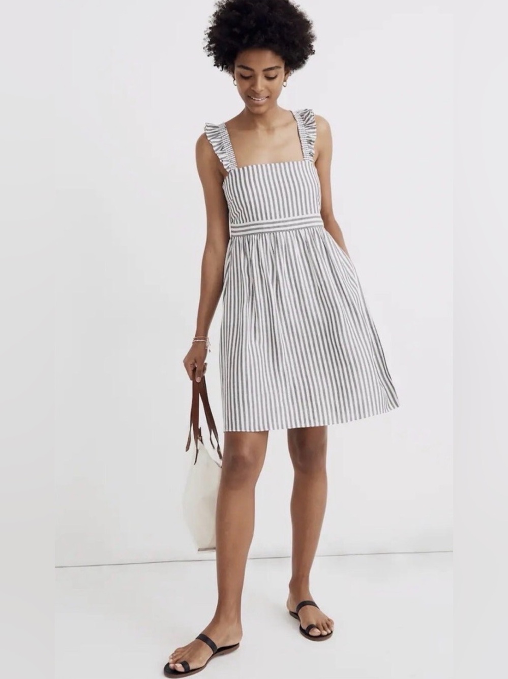 Madewell Ruffle Strap Lined Empire Dress Grey and White Stripes Women’s Size 0
